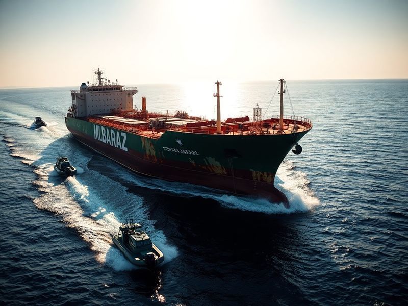 Aerial view of a damaged oil tanker in the Strait of Hormuz, surrounded by coast guard vessels, with smoke rising from the ve