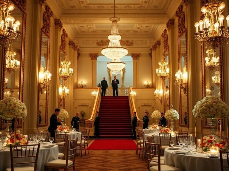 A grand view of the White House State Dining Room during a formal state dinner, showcasing the mahogany table, crystal chande