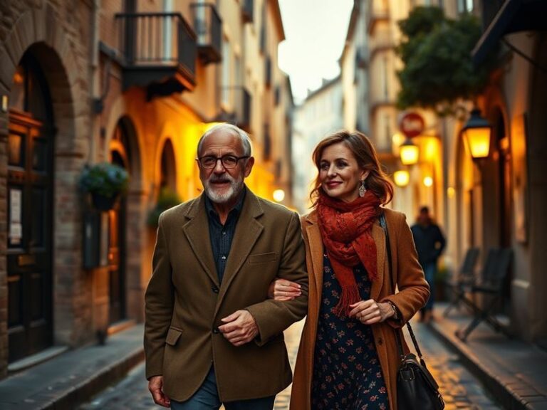 A candid photo of Stanley Tucci and Felicity Blunt at a public event, dressed in elegant attire, smiling warmly together in a