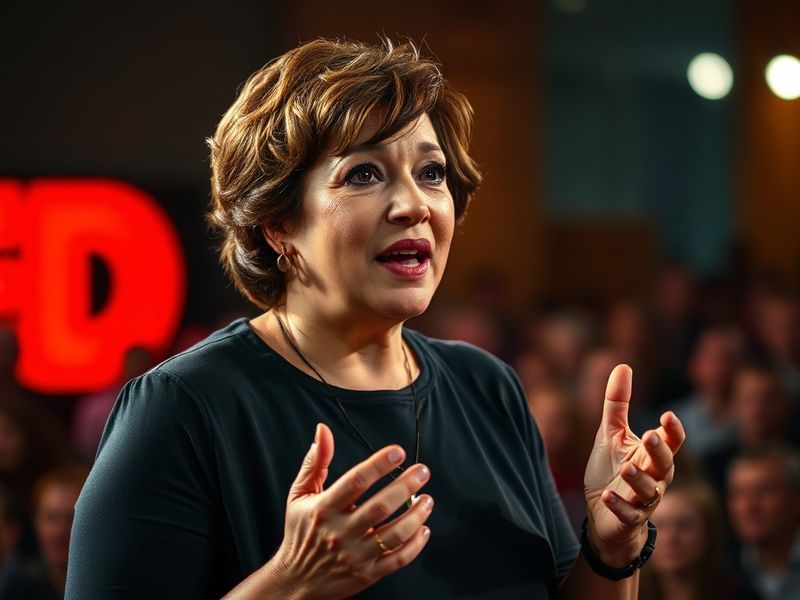 A warm, inviting portrait of Brené Brown speaking at a conference, with soft lighting and an engaged audience in the backgrou