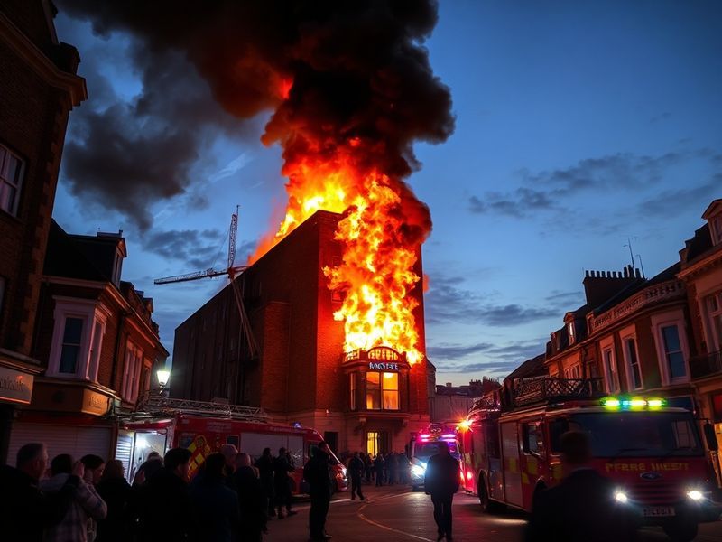 Aerial view of a charred building in Brighton with firefighters and emergency vehicles on scene, smoke rising in the backgrou