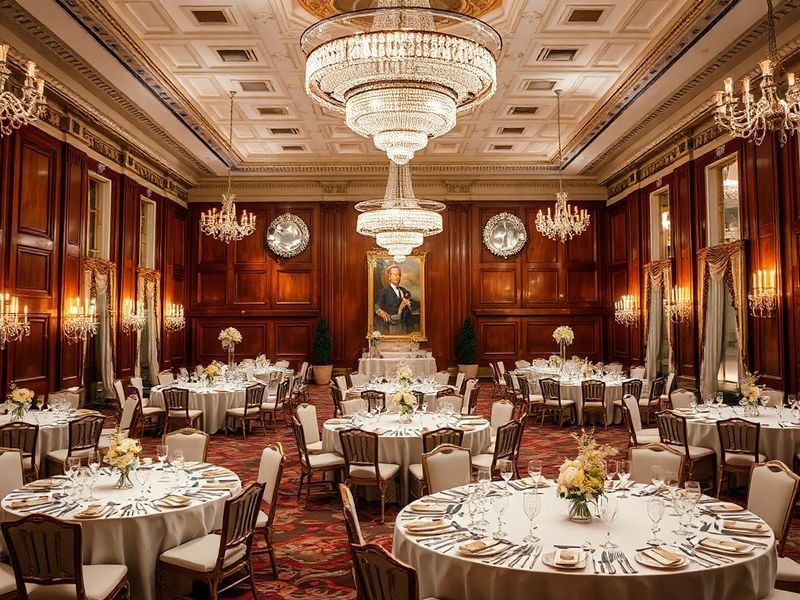 An elegant view of the White House State Ballroom during a state dinner, showing the ornate ceiling, gilded mirrors, and a fo