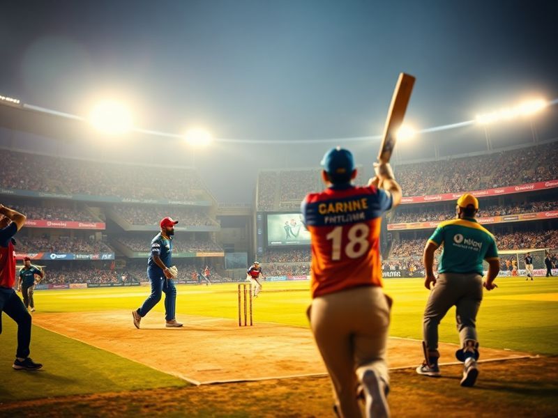 A vibrant cricket stadium at night, with the Punjab Kings and Rajasthan Royals logos glowing on the scoreboard, players in ac