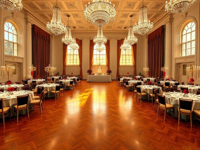 A grand view of the White House State Ballroom, showcasing its gilded moldings, crystal chandeliers, and red velvet drapes. T
