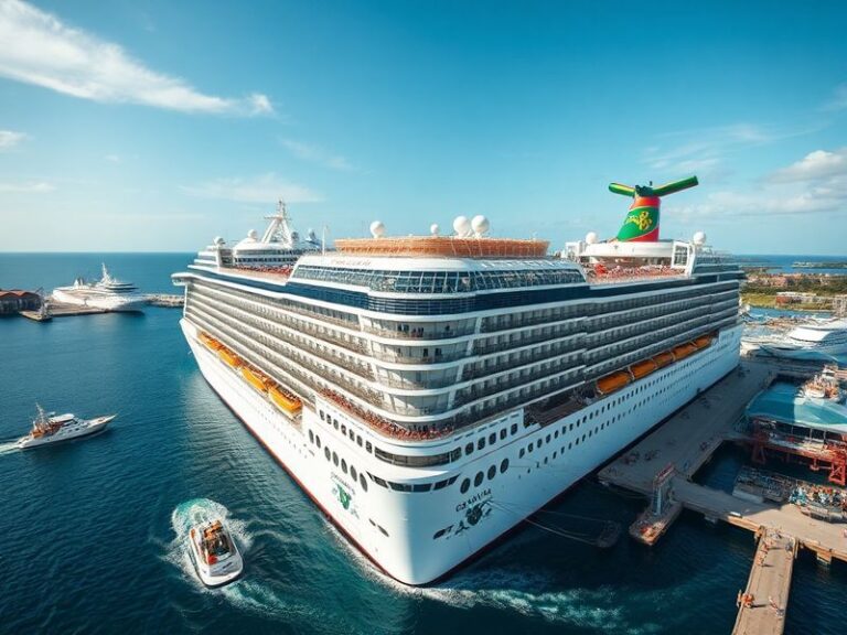 A vibrant aerial shot of a massive Carnival cruise ship docked at a tropical port, surrounded by palm trees and clear blue wa