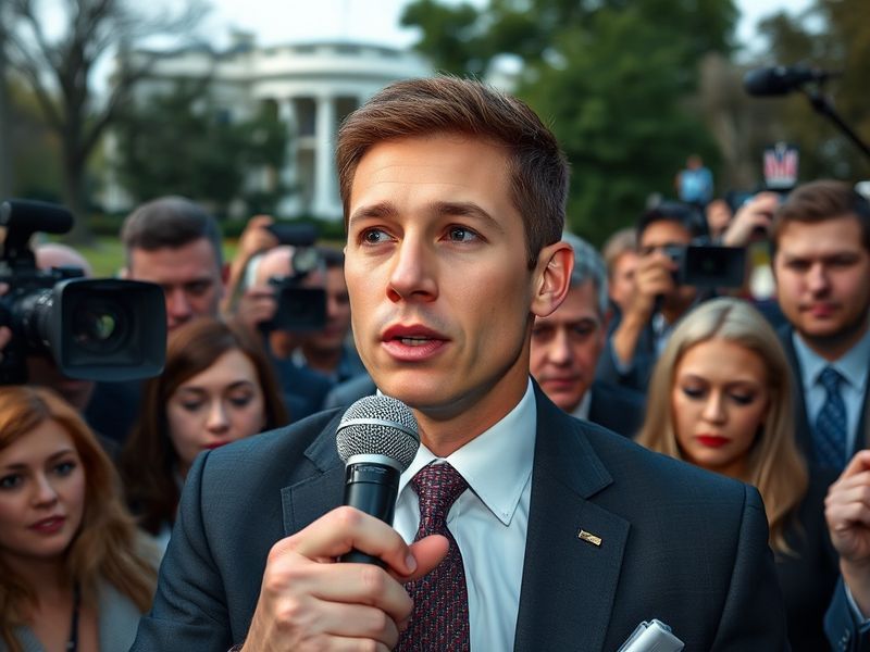 A determined journalist in a war zone, holding a microphone with a camera crew in the background, capturing a cityscape under
