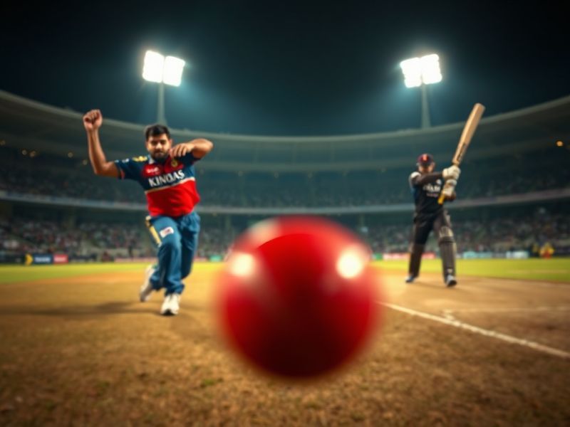 A dynamic cricket match between PBKS and RR players in action, captured at a packed stadium under bright lights, highlighting