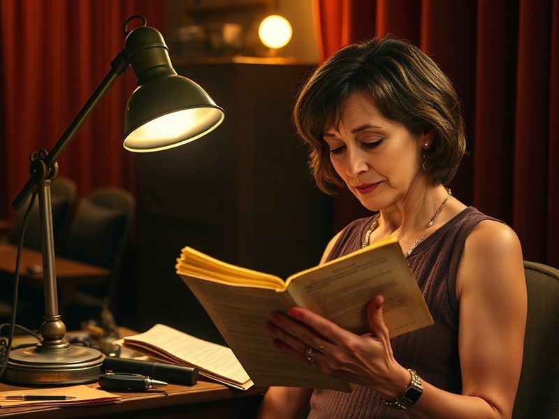 A warm, cinematic portrait of Laurie Metcalf mid-performance on stage, bathed in theatrical lighting, wearing a casual yet ex