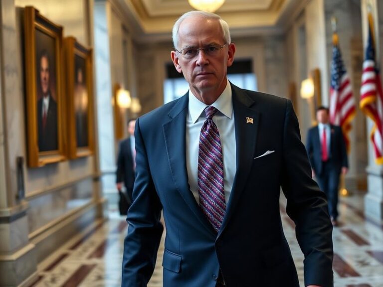 A professional portrait of Rick Scott speaking at a podium, with Florida state flags and a bustling state capitol building in