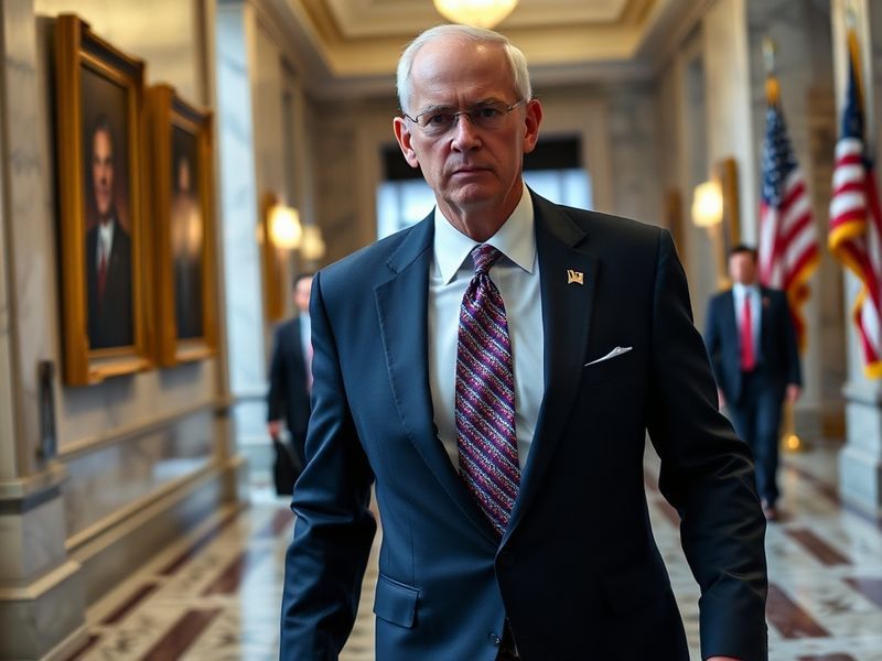 A professional portrait of Rick Scott speaking at a podium, with Florida state flags and a bustling state capitol building in