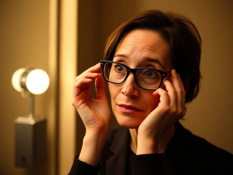 A candid, warmly lit photo of Laurie Metcalf mid-performance on stage, wearing a simple yet expressive outfit, with a focused