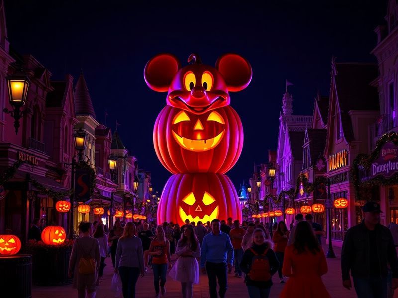 A vibrant nighttime scene at Magic Kingdom during Mickey’s Not-So-Scary Halloween Party, featuring glowing jack-o'-lanterns,