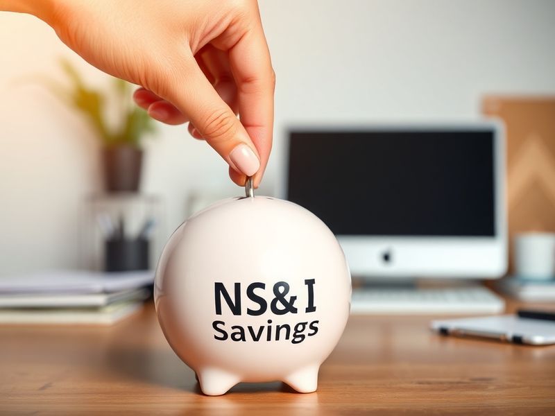 A split-screen image showing a UK saver checking their smartphone for NS&I rate updates on the left, and a modern bank branch