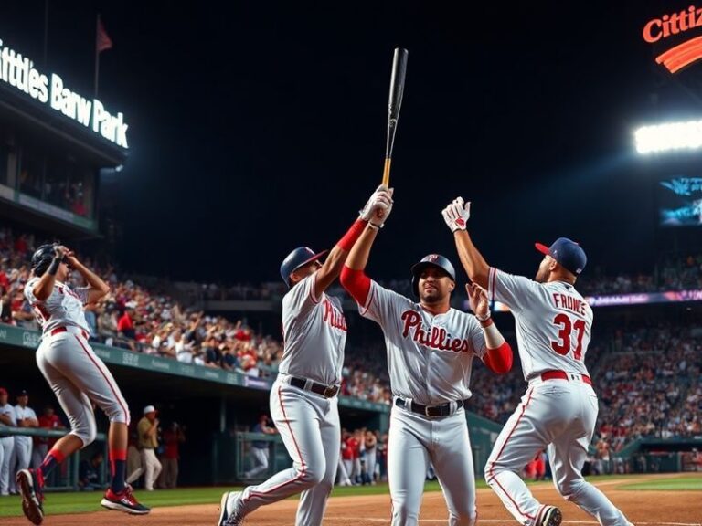A photo of the Philadelphia Phillies celebrating on the field during a game, with the team's logo and colors prominently disp