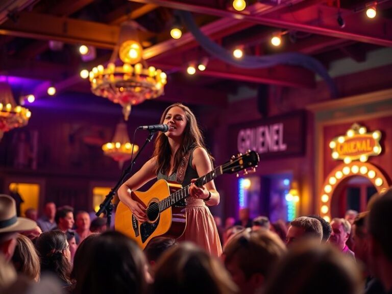 A warm, golden-hour shot of Kacey Musgraves performing onstage at Gruene Hall, bathed in vintage stage lights, with a crowd o