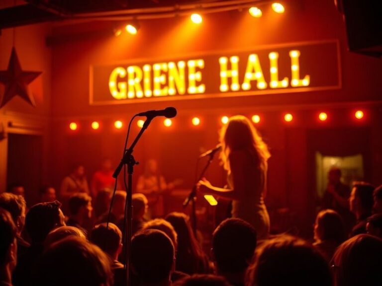 A vintage-inspired photo of Kacey Musgraves performing on the stage at Gruene Hall, bathed in warm stage lights, with an inti