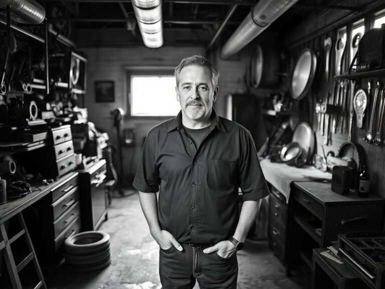 A portrait of Joe Fagnano in a modern studio setting, surrounded by digital screens displaying interactive content. He is eng