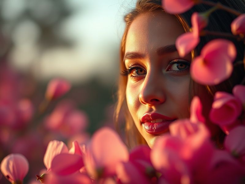 A close-up of a delicate pink petal with soft lighting, set against a blurred stage background with floral projections. The m