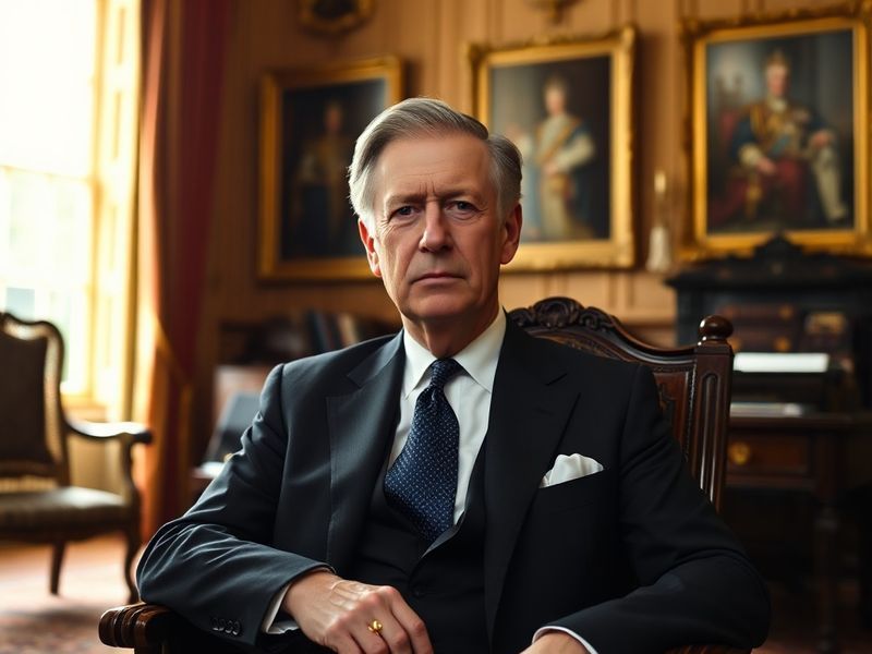 A dignified portrait of King Charles III in his royal regalia, seated on the throne in Buckingham Palace. The setting include
