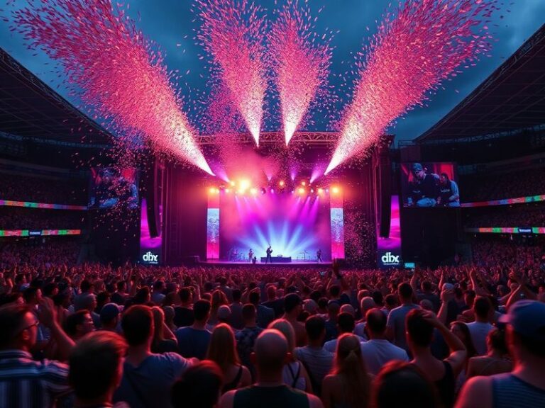 A vibrant concert scene at London’s O2 Arena during the Barclaycard Summertime Ball, featuring a large crowd, colorful stage