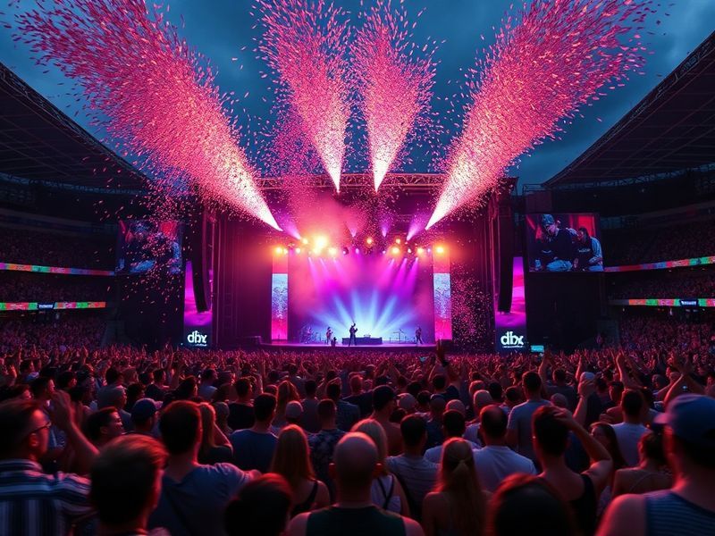 A vibrant concert scene at London’s O2 Arena during the Barclaycard Summertime Ball, featuring a large crowd, colorful stage