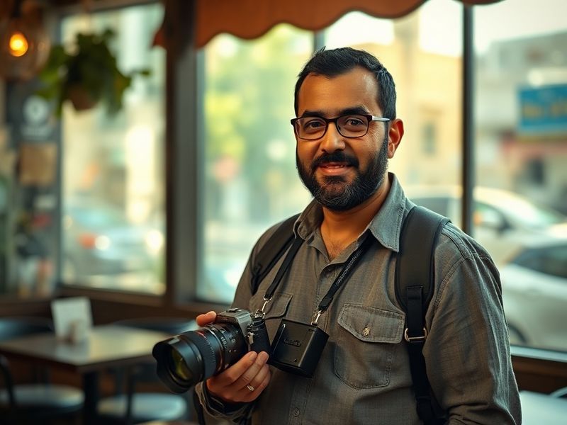 A candid photo of Alec Halaby in a dark suit, standing in an arena corridor with a clipboard, surrounded by digital screens d