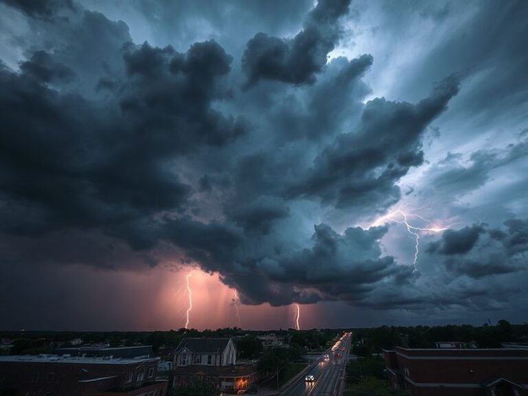 A meteorologist on KY3’s green-screen set pointing to a Doppler radar map, with storm clouds looming over Springfield’s skyli