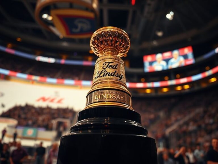 A close-up shot of the Ted Lindsay Award trophy, gleaming under arena lights, with a hockey player in the background holding
