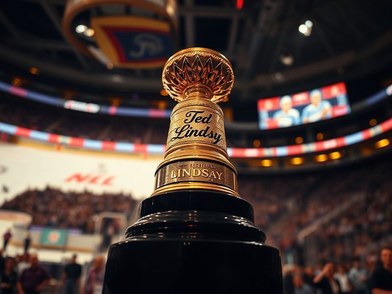 A close-up shot of the Ted Lindsay Award trophy, gleaming under arena lights, with a hockey player in the background holding
