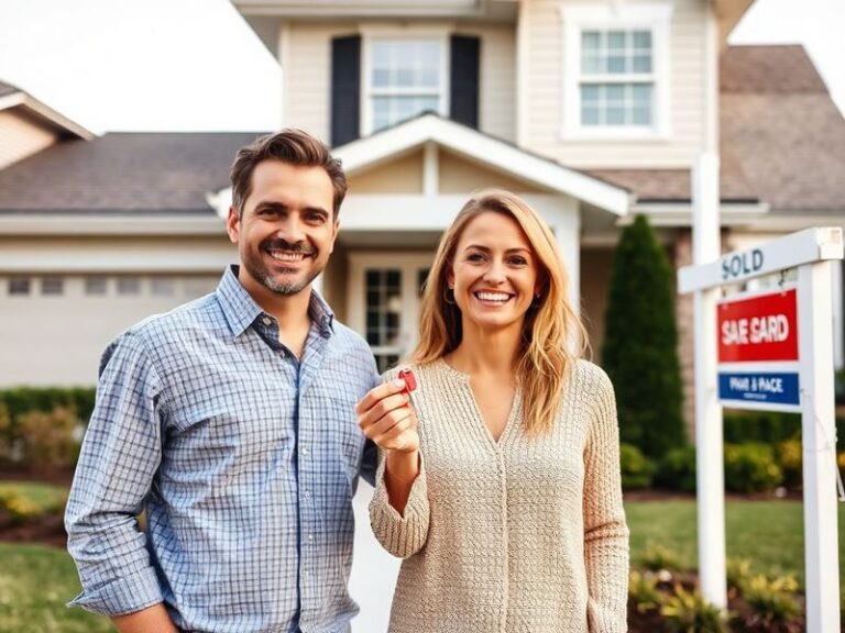 A smiling couple holding house keys, standing in front of a modest single-family home with a 'Sold' sign. The scene is warm a
