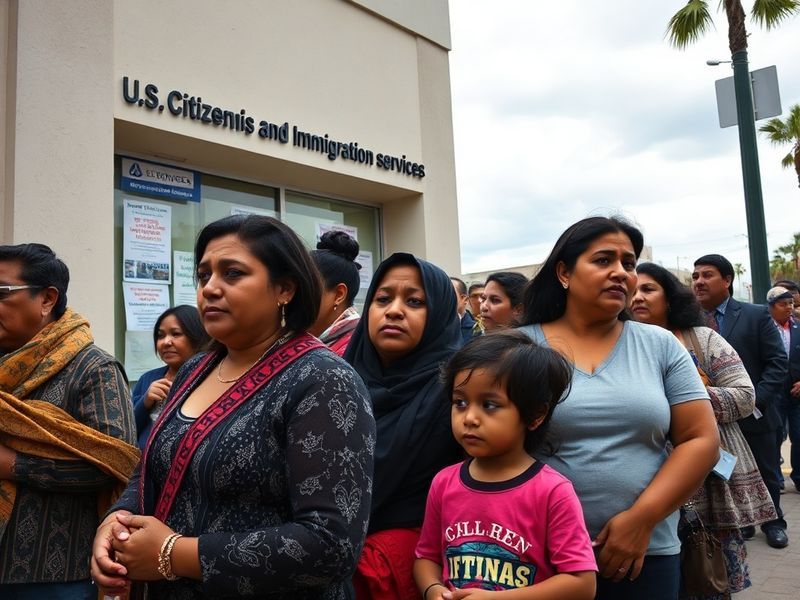 A diverse group of immigrants holding signs advocating for Temporary Protected Status, standing outside a U.S. Citizenship an