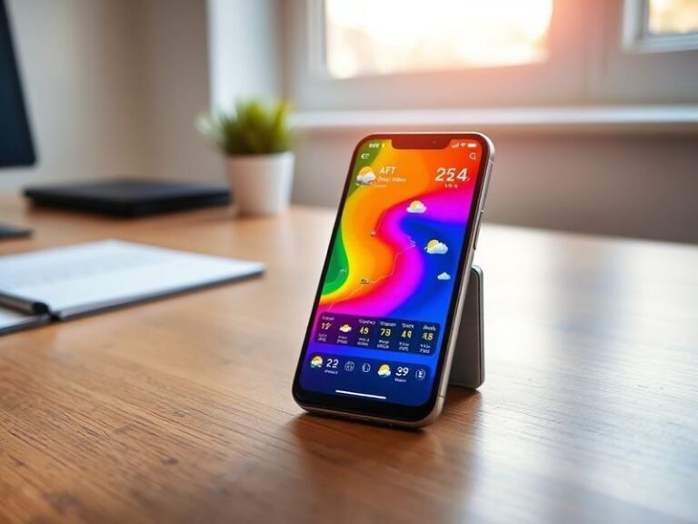 A smartphone displaying a hyper-local weather forecast with radar imagery, surrounded by subtle icons representing smart home