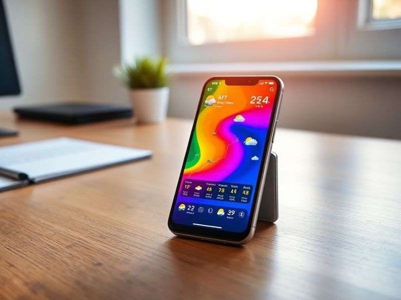 A smartphone displaying a hyper-local weather forecast with radar imagery, surrounded by subtle icons representing smart home