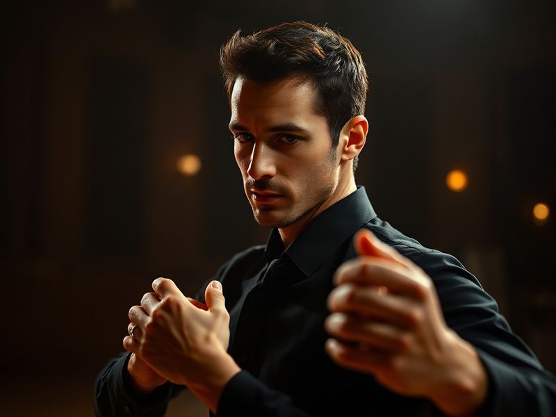 A dynamic image of Gorka Márquez mid-performance on a brightly lit stage, wearing a sleek black dance outfit, with a blurred