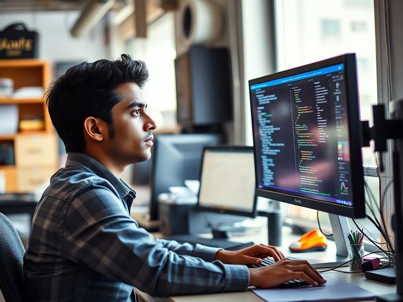 A minimalist portrait of Shubham Dubey in a well-lit workspace, surrounded by books and a laptop. The setting is calm and pro