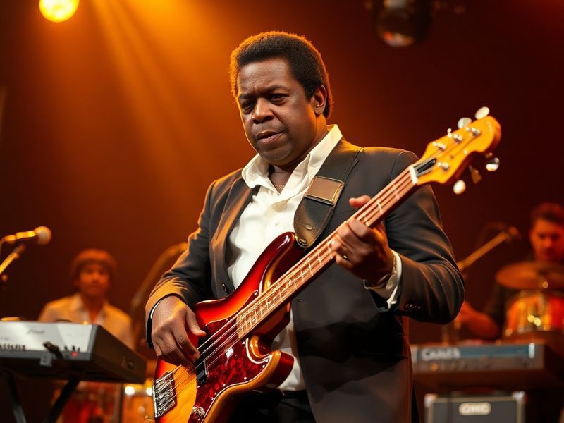 A vintage photo of Tony Wilson playing bass with Hot Chocolate in a dimly lit recording studio, showcasing his focused expres