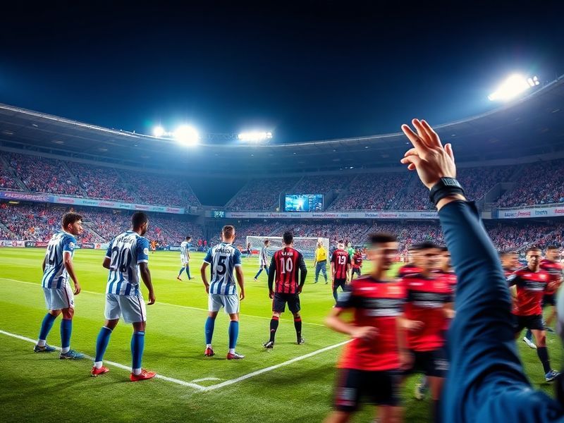 A vibrant stadium scene featuring Al-Hilal and Damac players in action, with Saudi flags and passionate fans in the stands, c