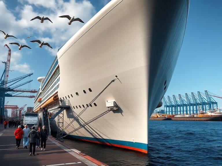 A vibrant scene of a modern cruise ship sailing through turquoise waters, with guests enjoying water slides and sun decks, se