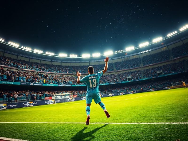 A vibrant stadium shot of Al-Hilal vs Damac match with Neymar in action, crowd cheering, and Saudi flags visible. The atmosph