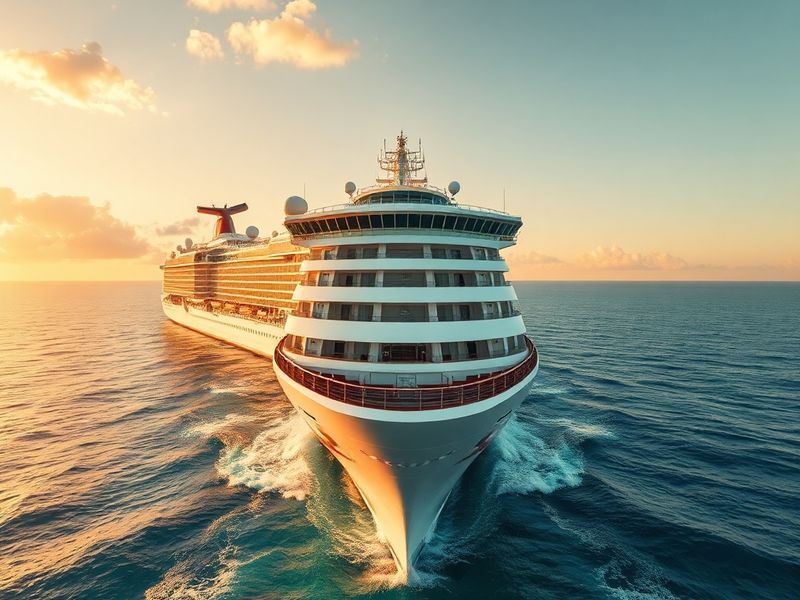 A panoramic view of a modern cruise ship at sea, with multiple decks visible, passengers enjoying outdoor activities, and the