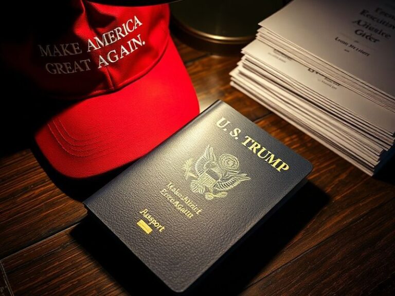 A close-up of a black leather passport with blurred stamps, placed on a mahogany desk. In the background, a faint outline of