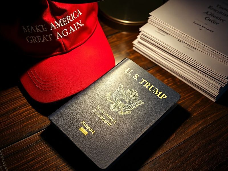 A close-up of a black leather passport with blurred stamps, placed on a mahogany desk. In the background, a faint outline of