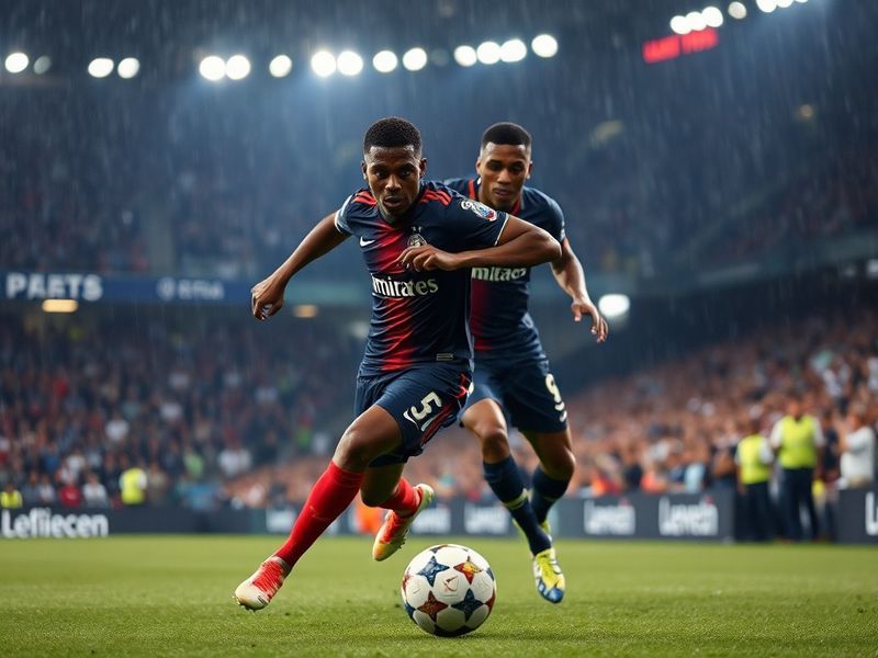 A dynamic action shot of PSG’s Kylian Mbappé sprinting past Bayern’s Dayot Upamecano in a Champions League match, with blurre