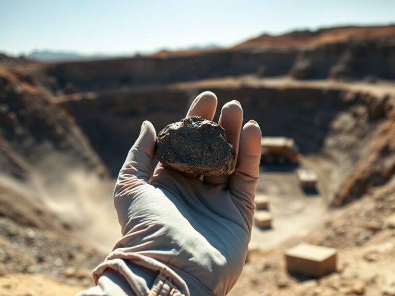 A split-image showing a modern rare earth processing facility in North America on one side, juxtaposed with a traditional Chi