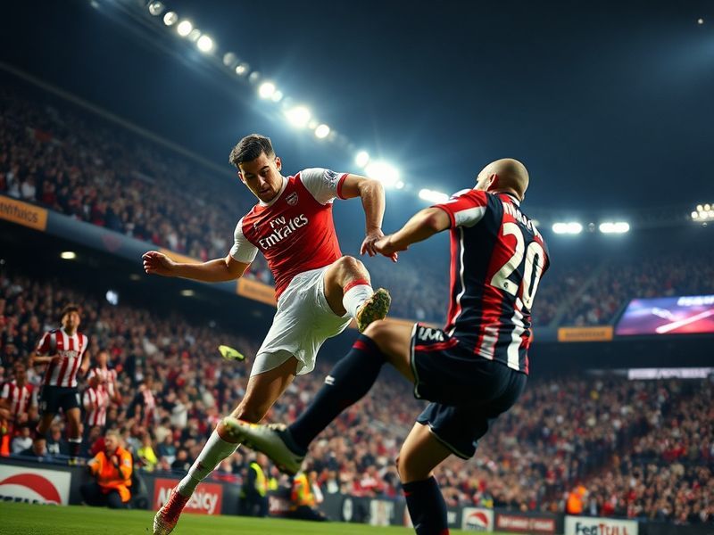 A dynamic shot of the Arsenal vs Atlético Madrid match, highlighting the intensity of the game with players in action, the st