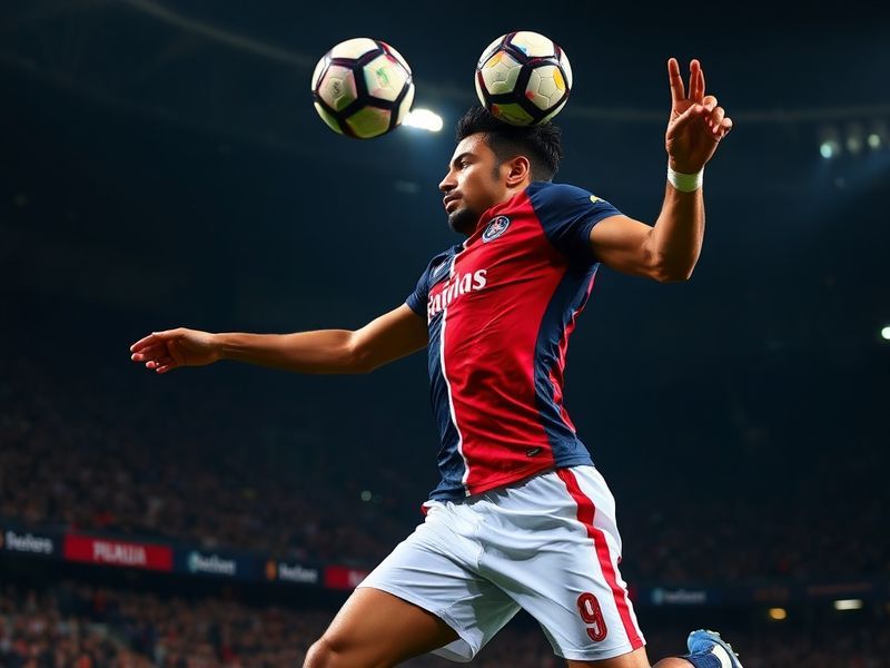 Marquinhos in PSG kit during a Champions League match, mid-defensive action with blurred background showing stadium lights an