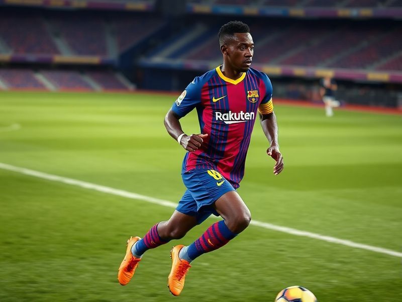 A dynamic action shot of Ousmane Dembélé in a Barcelona jersey, dribbling past an opponent with a blurred stadium background,