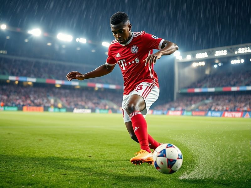 A dynamic action shot of Dayot Upamecano in Bayern Munich’s kit, mid-defensive interception during a Bundesliga match, with a