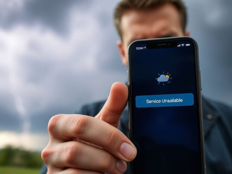 A split-screen image showing an iPhone with a blank Apple Weather app screen on one side and a frustrated user checking an al