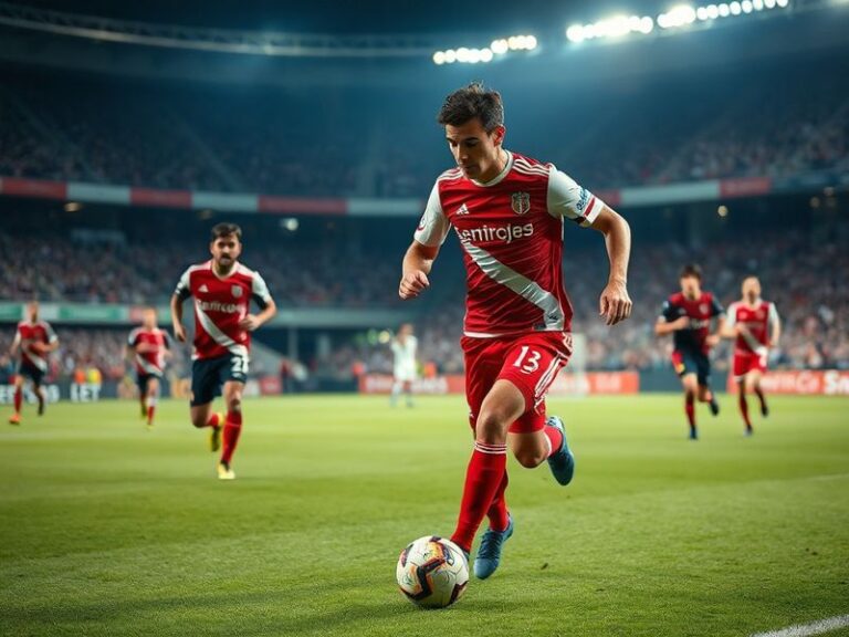 A dynamic action shot of João Neves in Benfica’s kit, mid-match, with a focused expression, showcasing his technical skills a